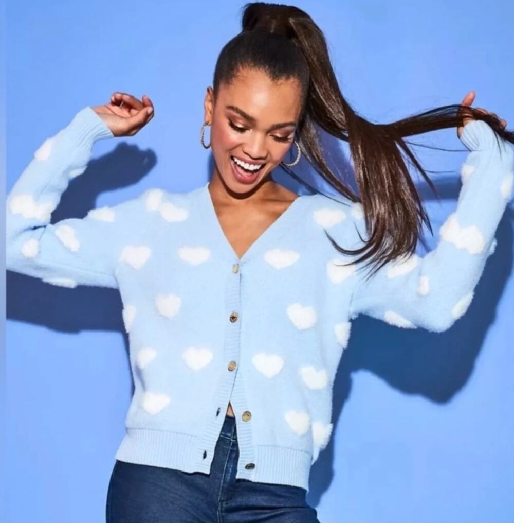 Lilly Pulitzer Heart Jacquard Sweater Cardigan Womens XS Blue White Silky Soft